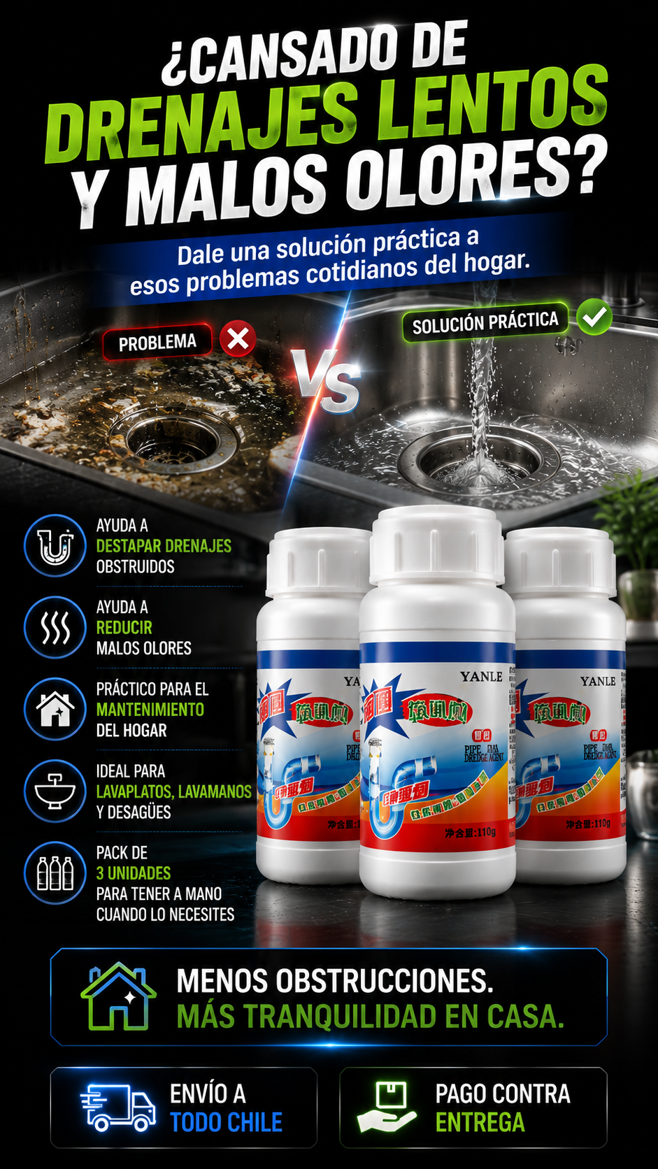 3 Polvo Destapa Cañerias Drenage 110g